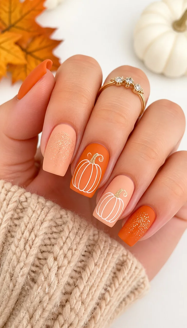 close-up shot of a woman’s hand with five fingers showing matte-finished square nails in shades of peach and orange, decorated with white pumpkin outlines and subtle glitter accents, bright background.