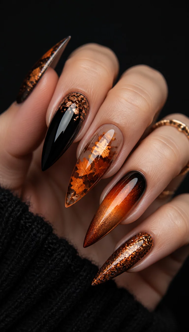 close-up shot of a woman’s hand with five fingers showing long, stiletto-shaped nails featuring a mix of black polish, glittery fall leaves, and ombre effects in fiery orange and bronze, dark background.