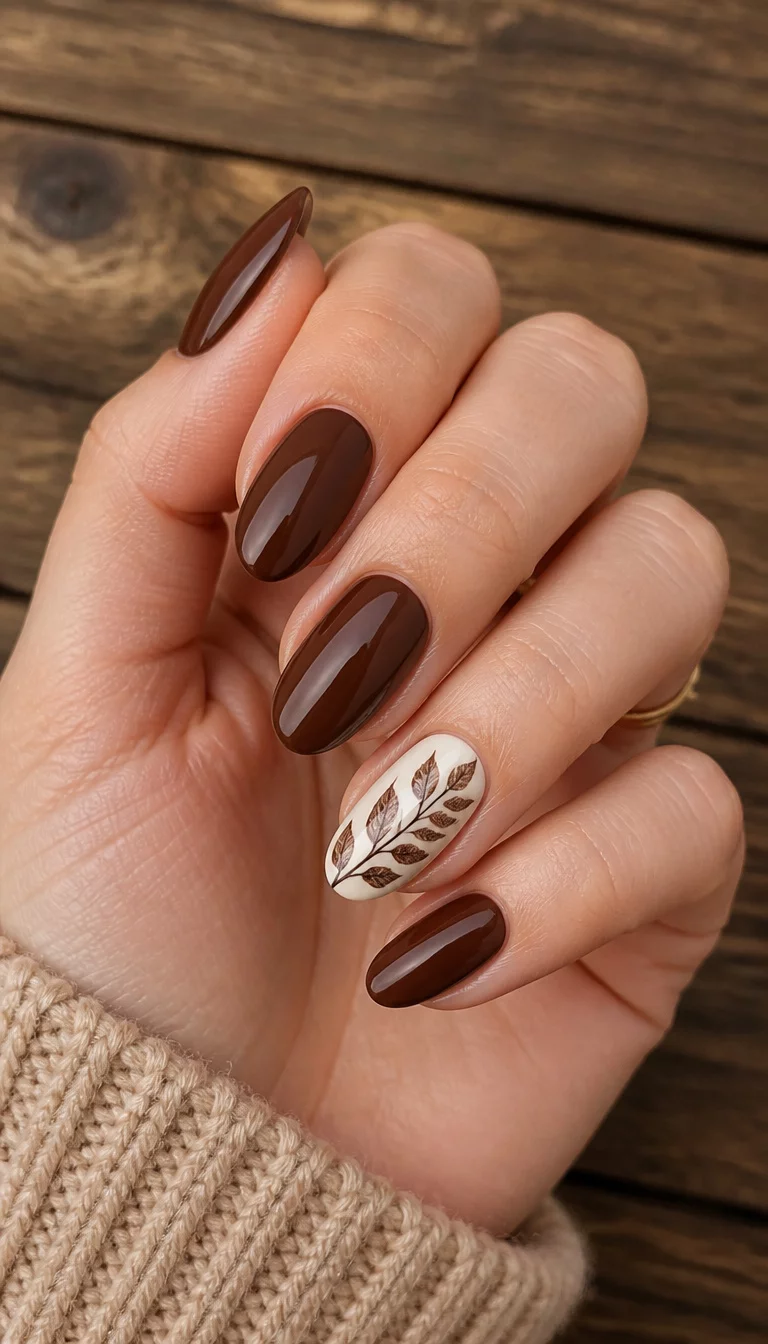 close-up shot of a woman’s hand with five fingers showing almond-shaped nails, most are a deep brown, one accent nail has a white base with a detailed brown leaf design, wooden background.