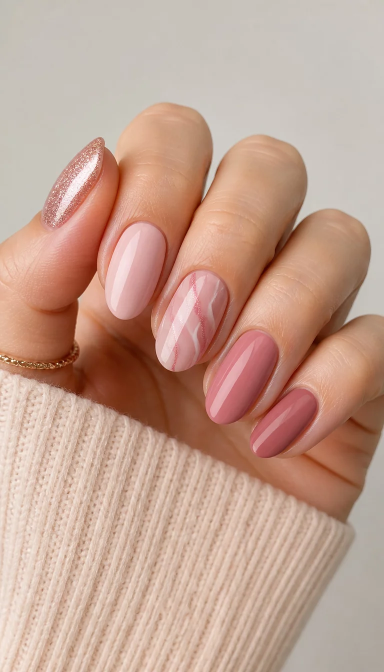 close-up shot of a woman’s hand with five fingers showing minimalist pink fall nail ideas including shimmering pink, milky pink with wavy lines, and solid dusty rose shades, clean background.