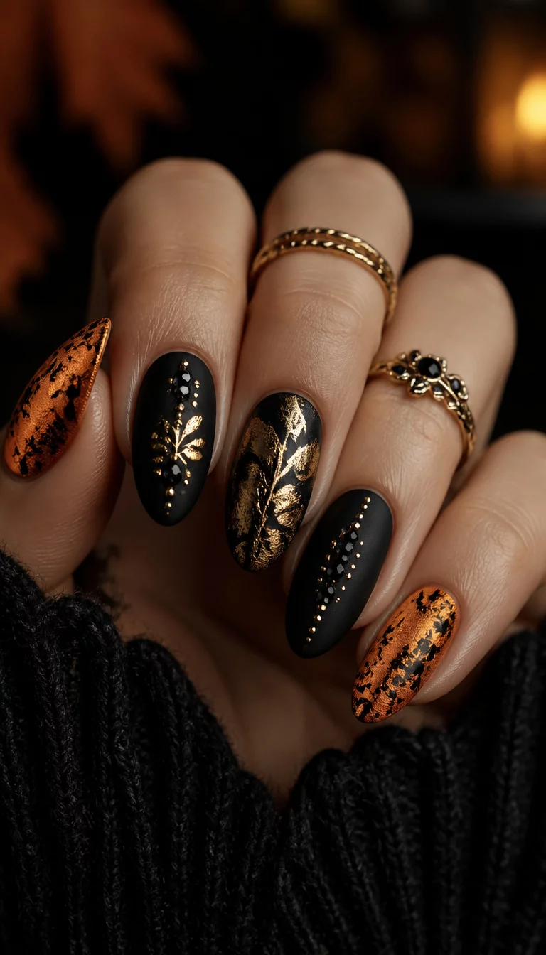 close-up shot of a woman’s hand with five fingers showing fall nail designs including orange with black abstract shapes, matte black with rhinestones and gold leaves, and gold leaf accents, moody lighting.