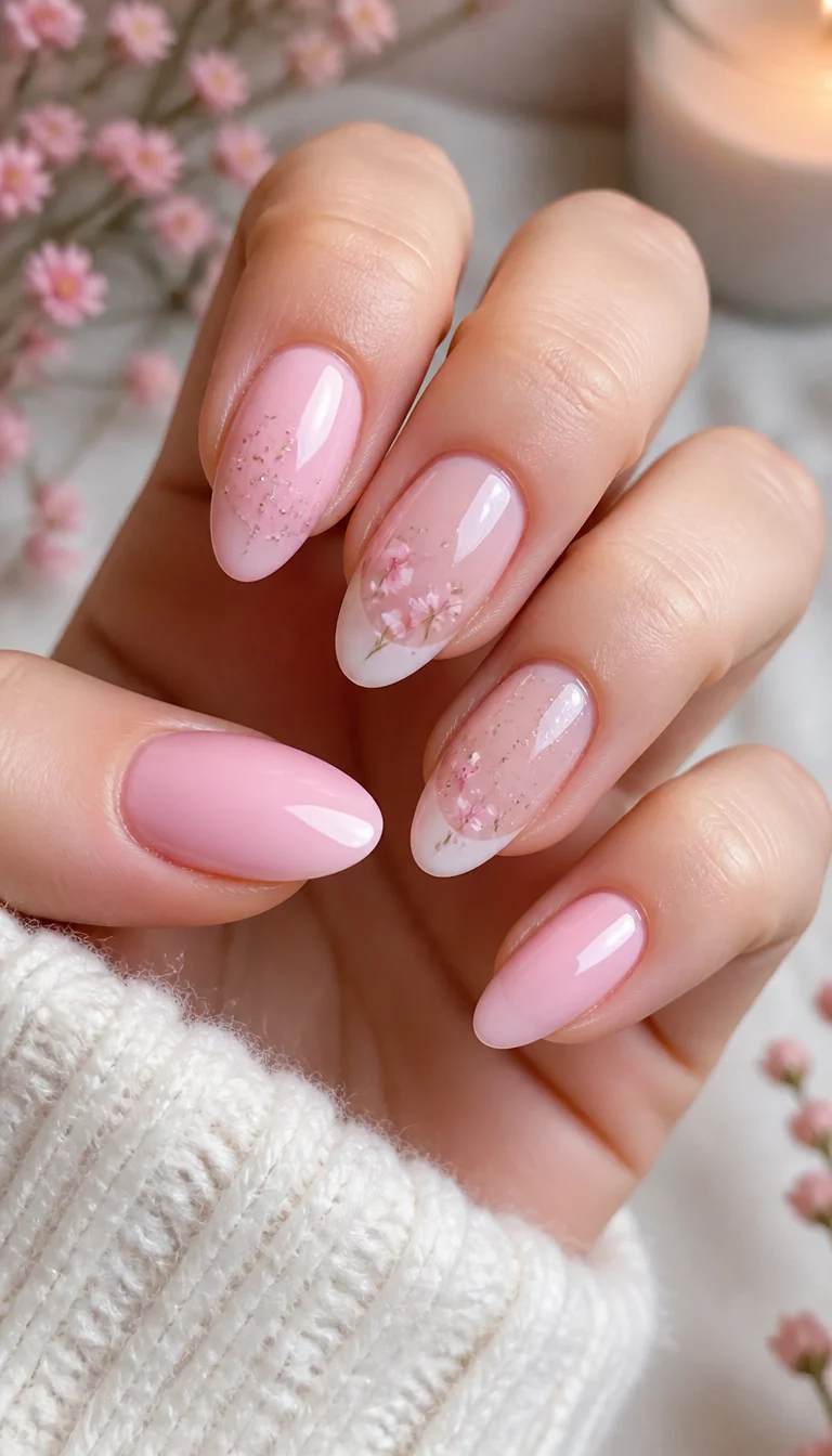 close-up shot of a woman’s hand with five fingers showing almond-shaped nails with a pale pink polish, some nails featuring a sheer French tip with delicate floral accents and scattered glitter, soft aesthetic background.