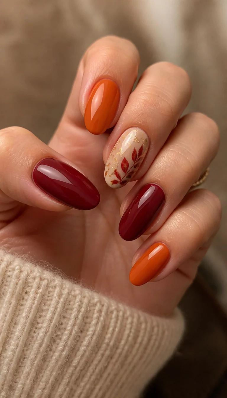 close-up shot of a woman’s hand with five fingers showing oval nails, some are a deep burgundy, others are a bright orange, and accent nails feature a pale tan with gold accents and red leaves, soft lighting.