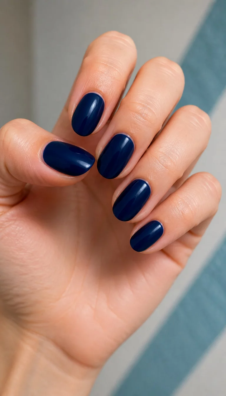 close-up shot of a woman’s hand with five fingers showing oval-shaped nails painted a deep navy blue, blurred background showing a hint of a wall and a light blue textured diagonal stripe.