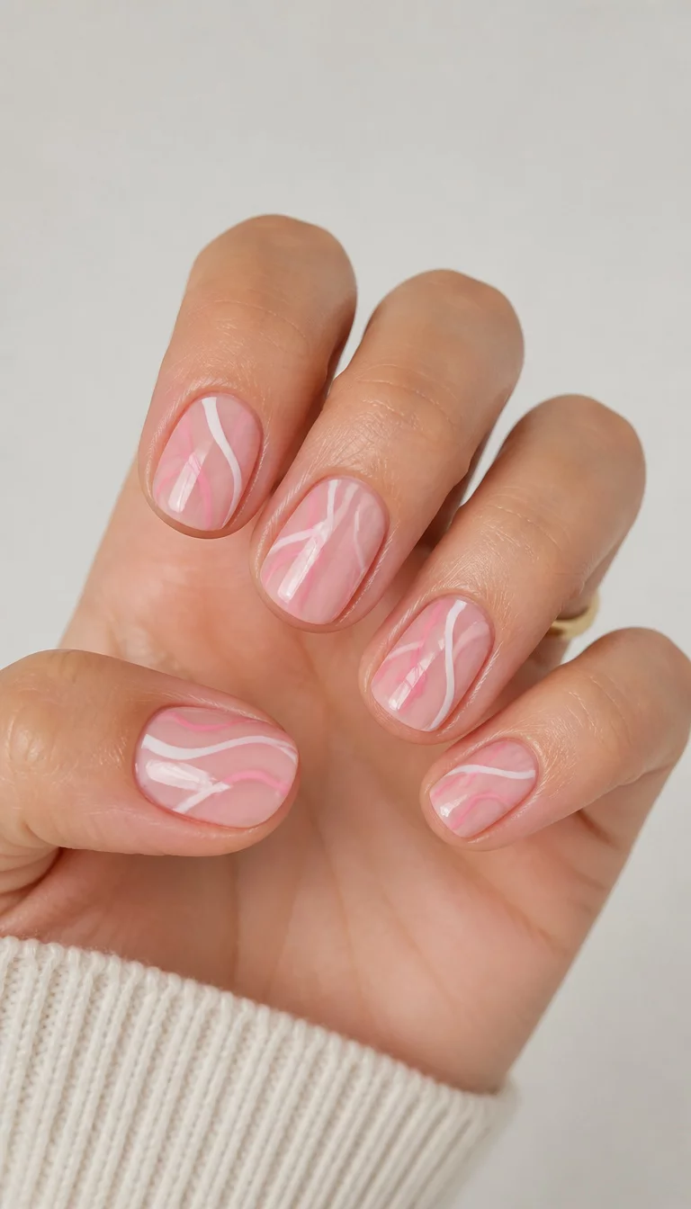 close-up shot of a woman’s hand with five fingers showing short, natural-shaped nails with a sophisticated design featuring a soft pink base and abstract wavy lines in darker pink and white, clean minimalist background.