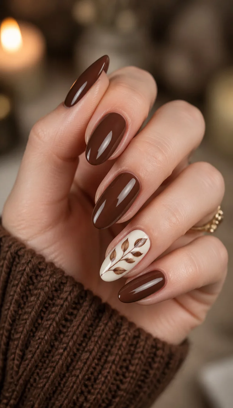 close-up shot of a woman’s hand with five fingers showing elegant, almond-shaped nails, most painted a rich glossy brown, one accent nail featuring a white base with a detailed brown leaf design, elegant blurred background.