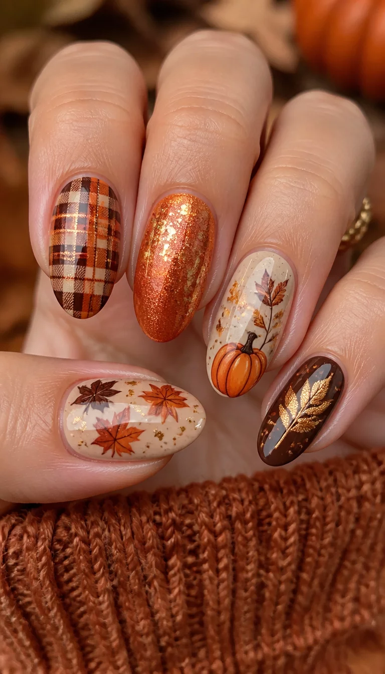 close-up shot of a woman’s hand with five fingers showing various fall nail designs featuring plaid patterns, pumpkins, leaf motifs, and shimmery autumnal colors like orange, brown, and gold, assorted colors.