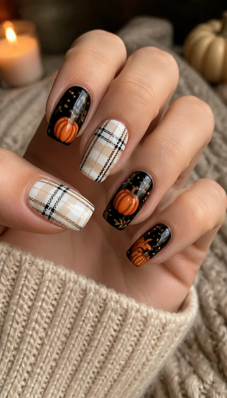 close-up shot of a woman’s hand with five fingers showing medium-length nails, some featuring white and beige plaid while others have a black background with orange pumpkin accents, cozy indoor lighting.