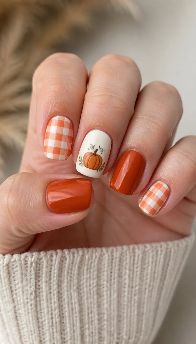 close-up shot of a woman’s hand with five fingers showing short, rounded nails featuring a mix of solid burnt orange, white with pumpkin art, and white and orange checkered designs, soft natural lighting.