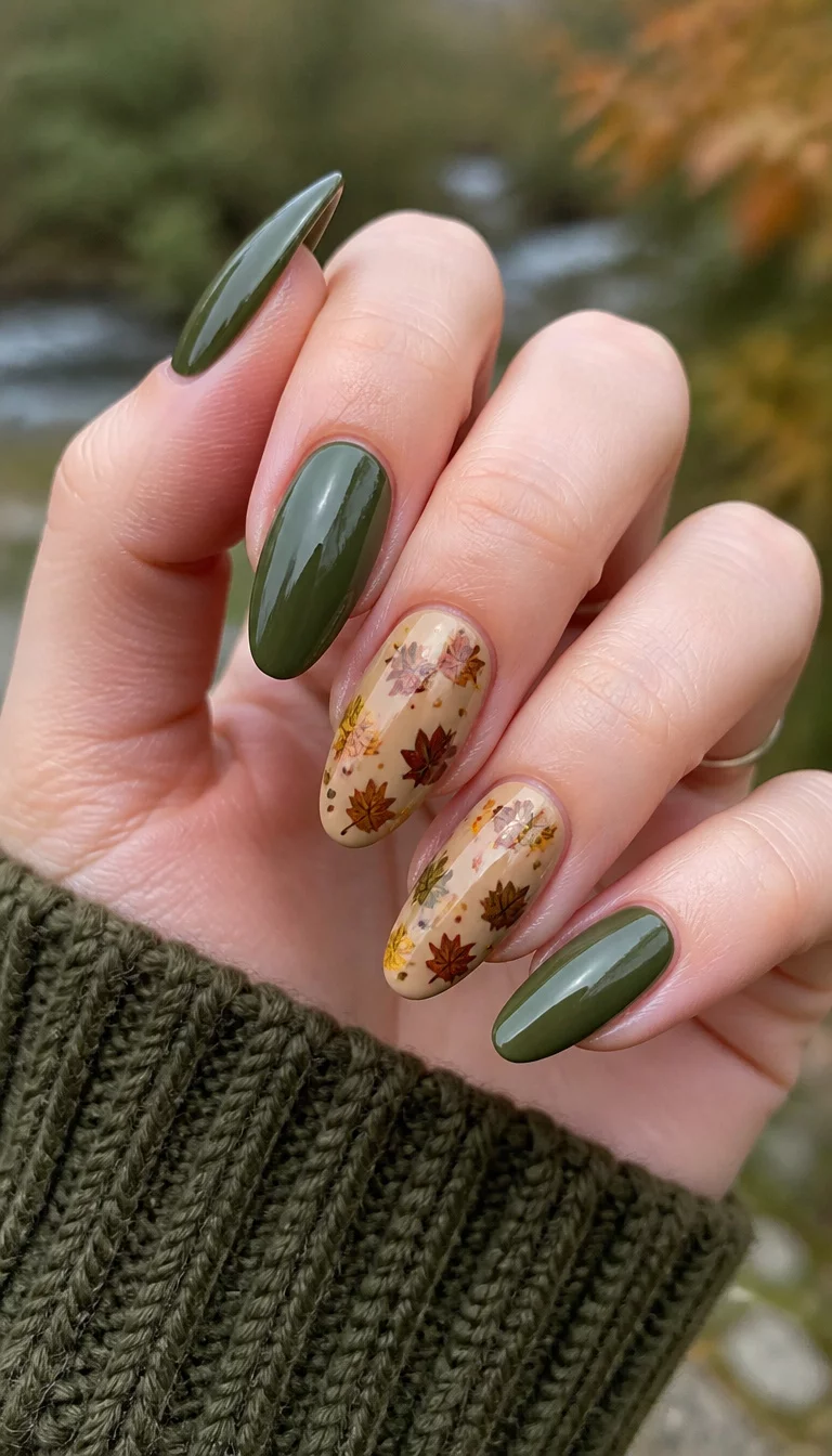 close-up shot of a woman’s hand with five fingers showing long, almond-shaped nails, most are a glossy olive green, two accent nails feature a tan base with scattered autumn leaves, outdoor natural background.