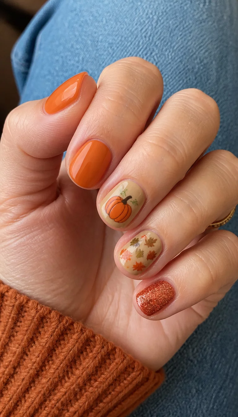 close-up shot of a woman’s hand with five fingers showing short, natural-shaped nails, some solid orange, some with pumpkin and leaf designs on a tan base, and some with a reddish-orange sparkle, casual setting.