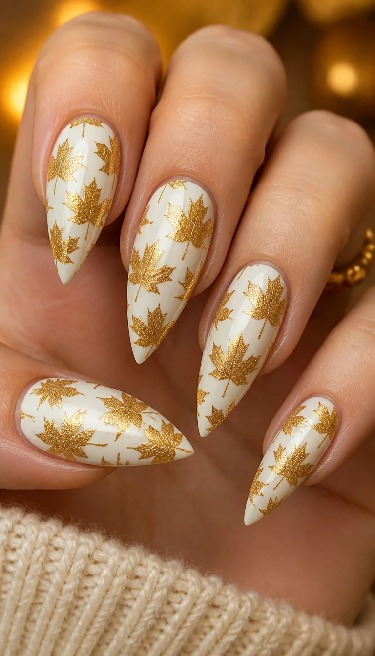 close-up shot of a woman’s hand with five fingers showing stiletto-shaped nails with a white base adorned with a repeating pattern of shimmering gold maple leaves, warm lighting.