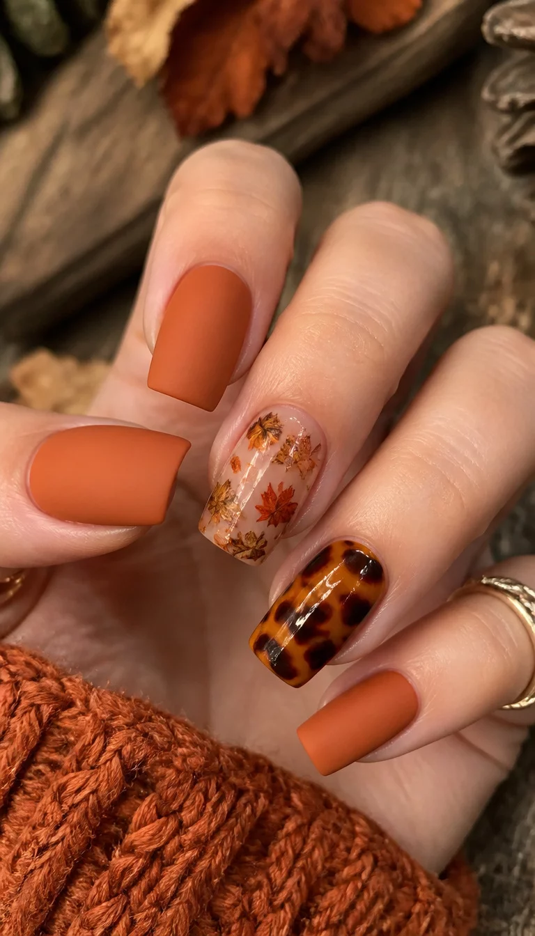 close-up shot of a woman’s hand with five fingers showing matte, square-shaped nails in a warm rust orange, accent nails featuring a translucent base with embedded fall leaves and a tortoise shell pattern, rustic background.