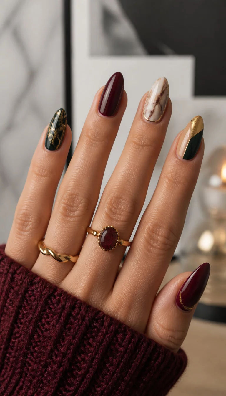 close-up shot of a woman’s hand with five fingers showing diverse fall nail designs including marble patterns, deep jewel tones, metallic finishes, and abstract geometric shapes, modern background.