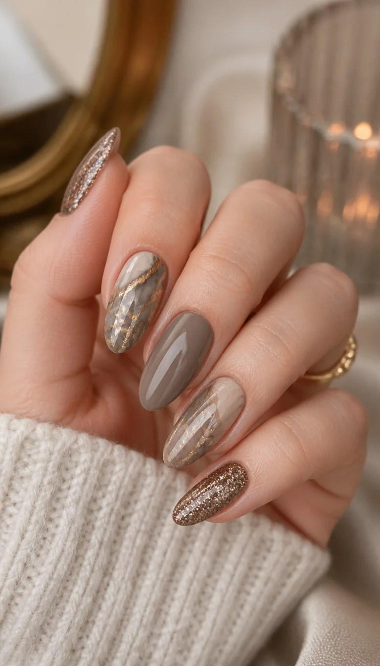 close-up shot of a woman’s hand with five fingers showing almond-shaped nails with a mix of designs including glossy bronze glitter, grey and beige marble with gold veins, and taupe, elegant background.