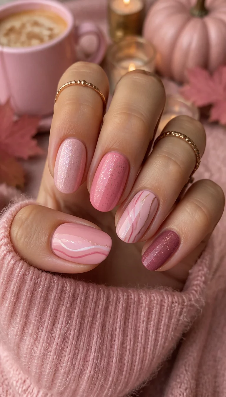 close-up shot of a woman’s hand with five fingers showing various shades of pink polish and subtle glitter with abstract line art on some nails, cozy fall-themed pink background.