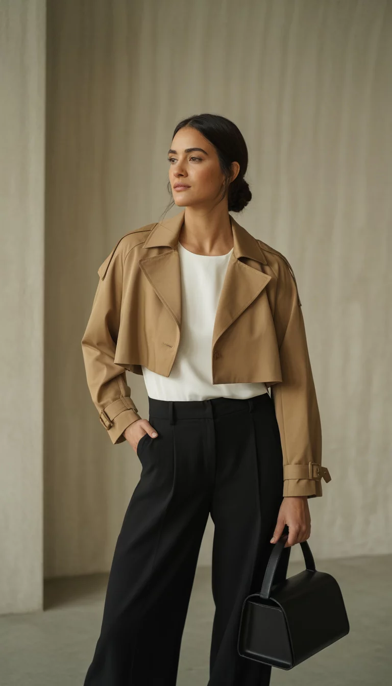 A beautiful 34-year-old woman in a cropped tan trench jacket, white top, black wide-leg pants, holding a black top-handle bag.
