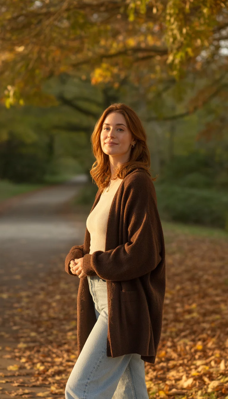 A beautiful 31-year-old woman in a brown cardigan, cream top, light blue jeans, standing on a leaf-covered path in autumn.