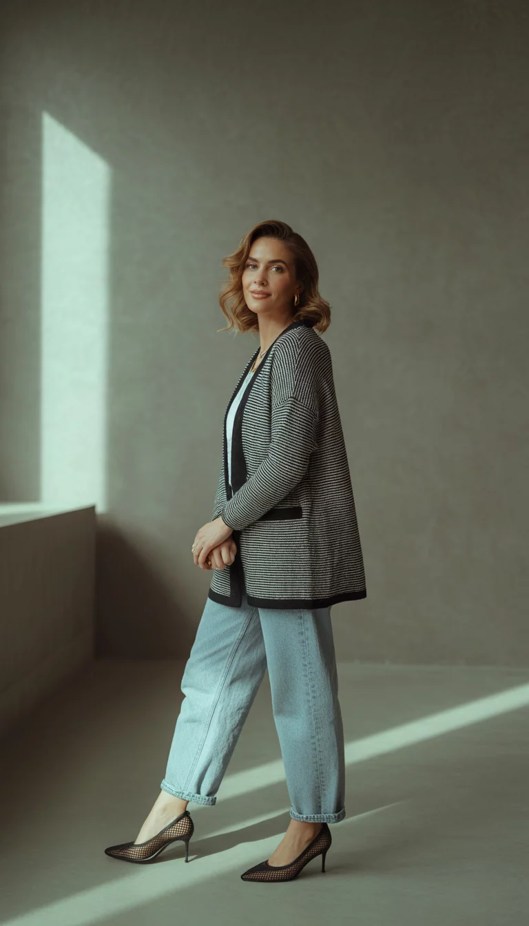 A beautiful 35-year-old woman in a black and white striped cardigan, light wash jeans, stylish black mesh pumps, posing indoors.