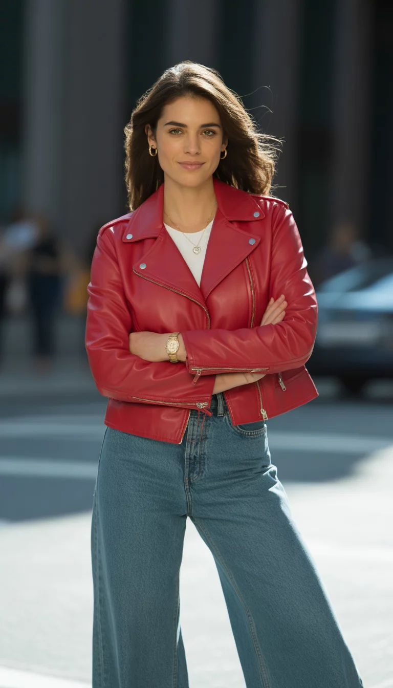 A beautiful 25-year-old woman in a red leather jacket, wide-leg jeans, white sneakers, she stands outdoors.