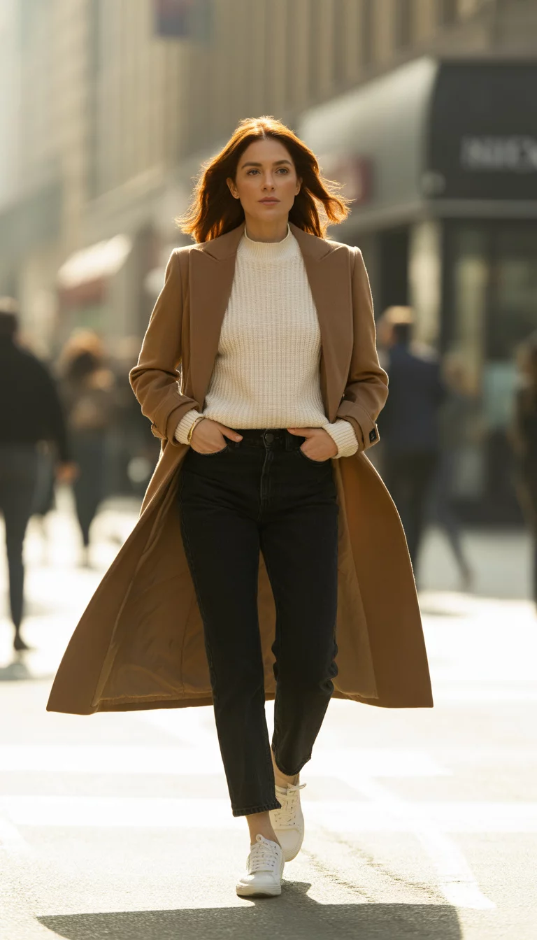 A beautiful 33-year-old woman in a tan coat, white sweater, black jeans, white sneakers, walking on a city street.