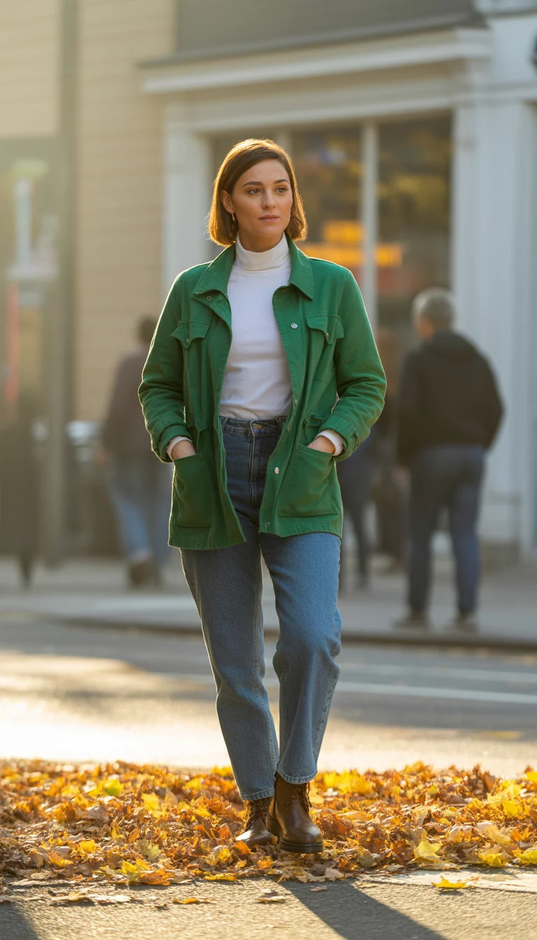 A beautiful 26-year-old woman in a green utility jacket, white turtleneck, blue jeans, brown leather boots, standing on a leaf-strewn sidewalk.