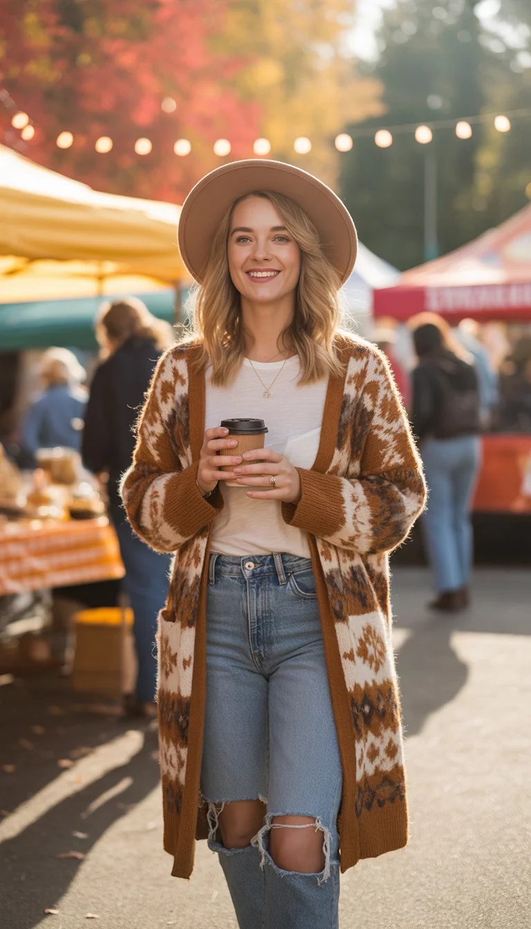 A beautiful 27-year-old woman in a patterned cardigan, ripped jeans, brown ankle boots, holding a felt hat and coffee cup at a fall festival.