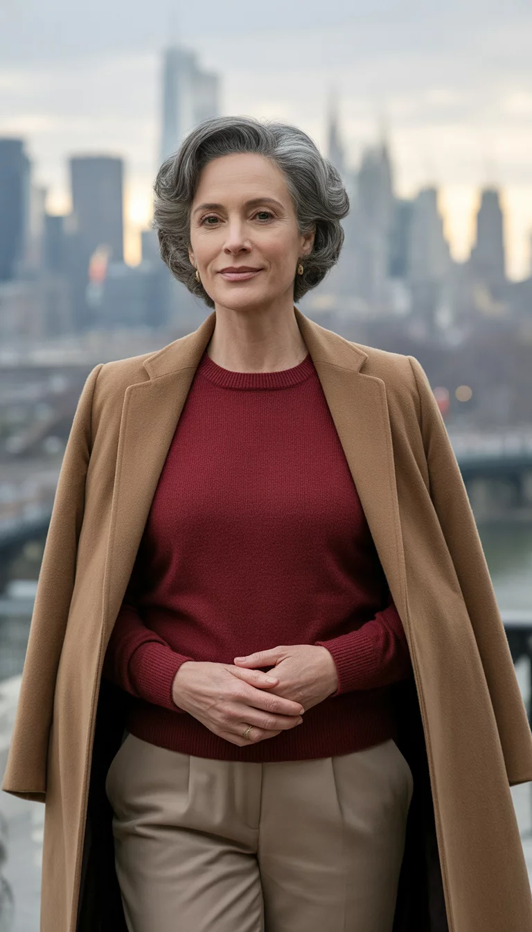 A beautiful 48-year-old woman with gray hair wears a camel coat, red sweater, khaki pants, with a city skyline in the background.