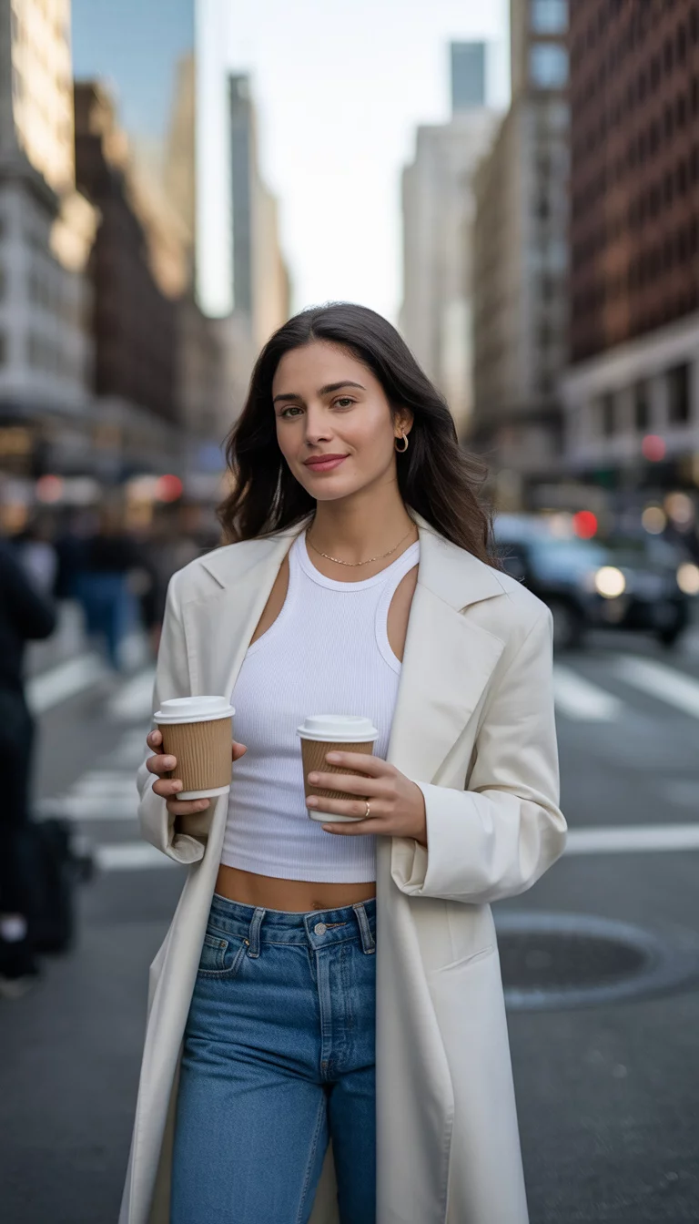 A beautiful 26-year-old woman in a white ribbed tank top, blue jeans, white coat, holding two coffees with a city street backdrop.