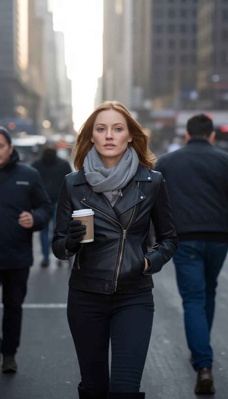 A beautiful 31-year-old woman in a black leather jacket, grey scarf, skinny jeans, holding a coffee cup while walking down a city street.