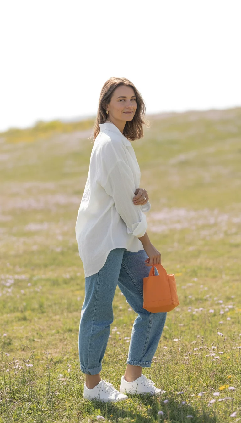 A beautiful 22-year-old woman in a white linen shirt, baggy blue jeans, white sneakers, holding a small orange bag.