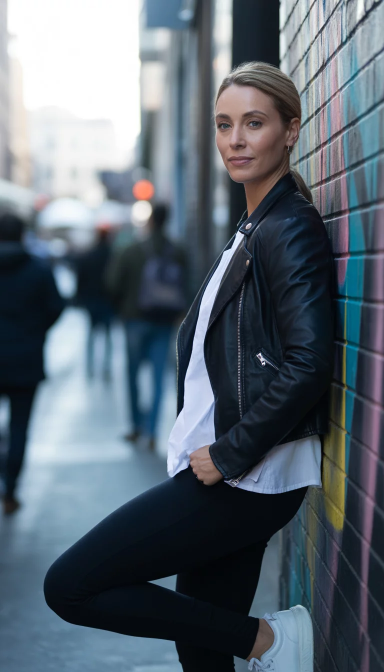 A beautiful 30-year-old woman in a black leather jacket, white top, black leggings, white sneakers, posing on a city street.