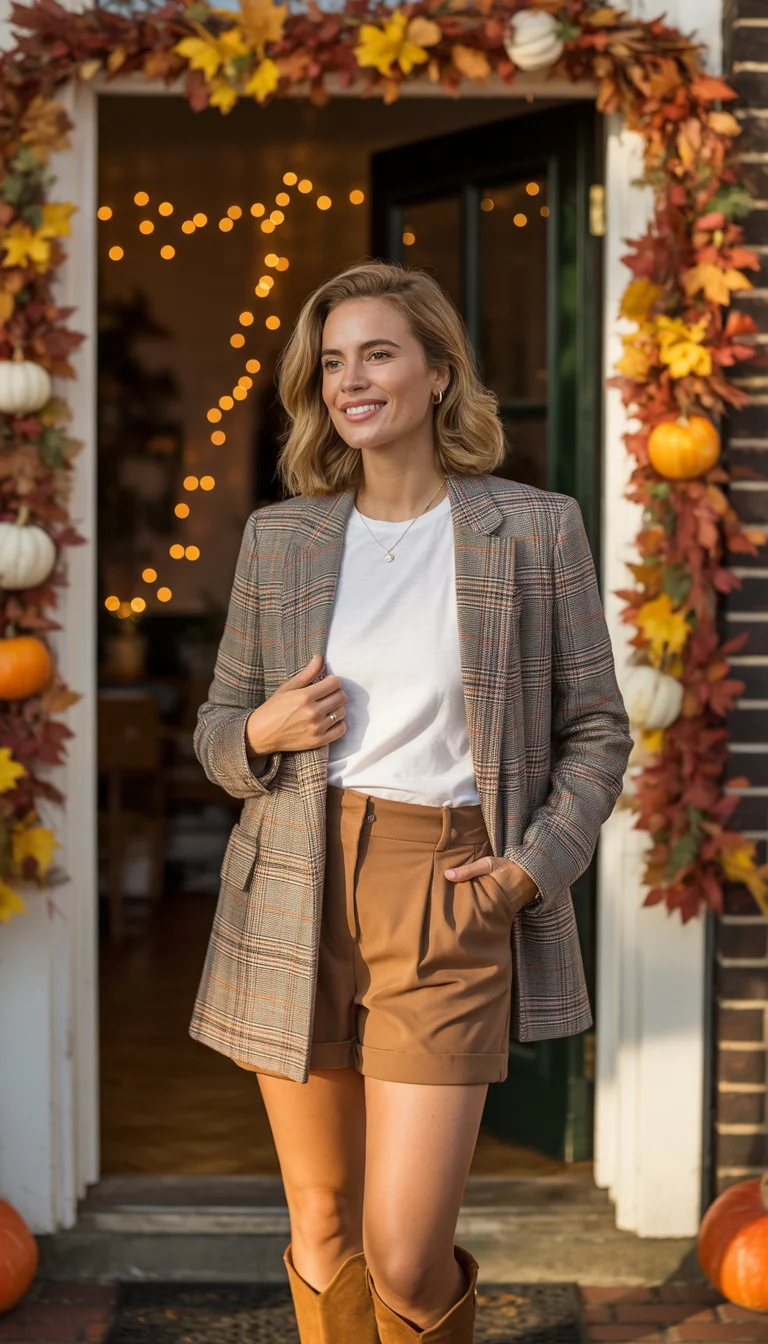 A beautiful 30-year-old woman in a plaid blazer, tan shorts, tall tan suede boots, posing by a decorated doorway with fall foliage.