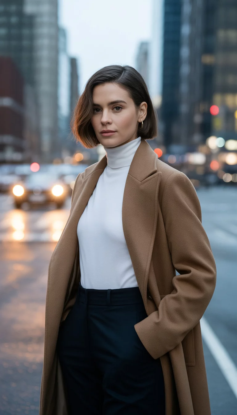 A beautiful 29-year-old woman with a short bob wears a white turtleneck, black pants, tan coat, with a city street background.