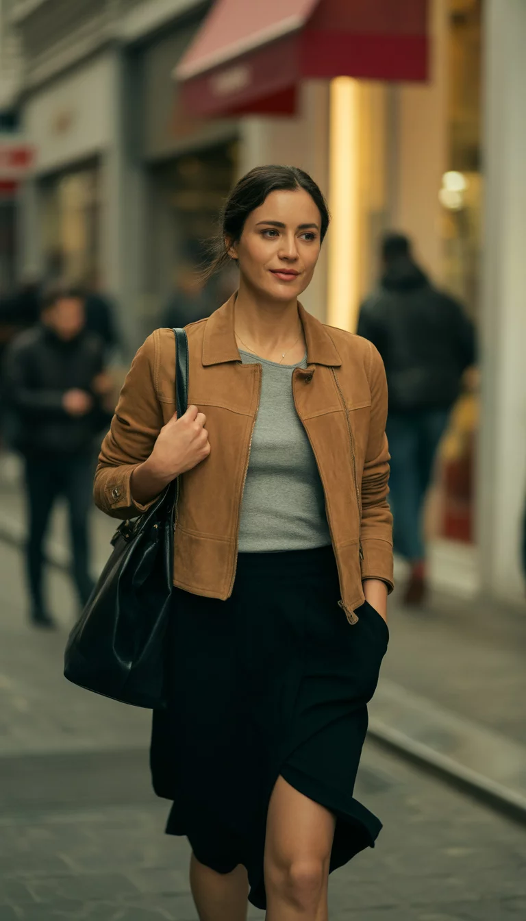 A beautiful 30-year-old woman in a tan suede jacket, grey top, black asymmetrical skirt, walking in a city street.