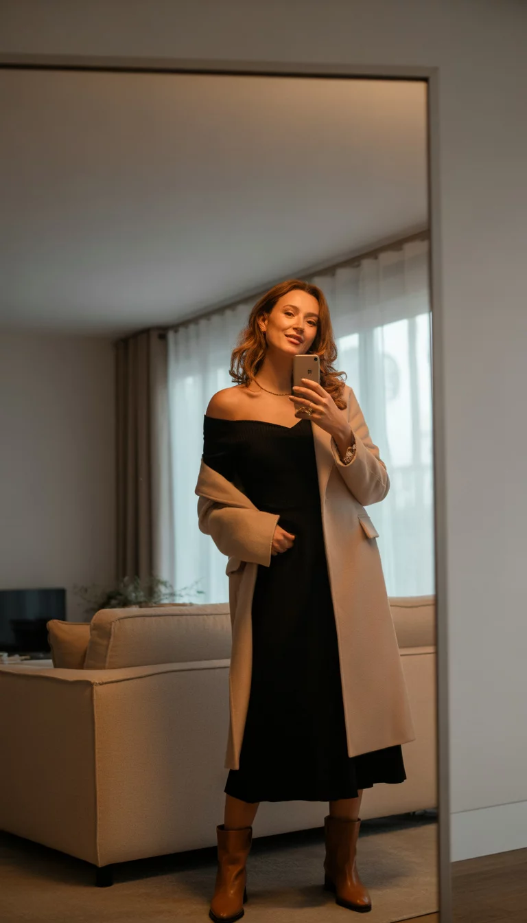 A beautiful 39-year-old woman in an off-the-shoulder black midi dress, beige coat, brown boots, taking a mirror selfie.