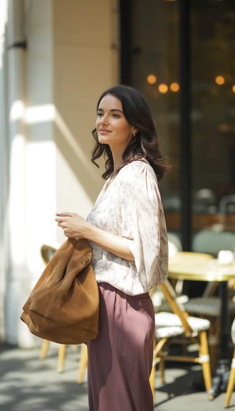 A beautiful 36-year-old woman in a white printed blouse, burgundy wide-leg pants, holding a large brown suede bag.