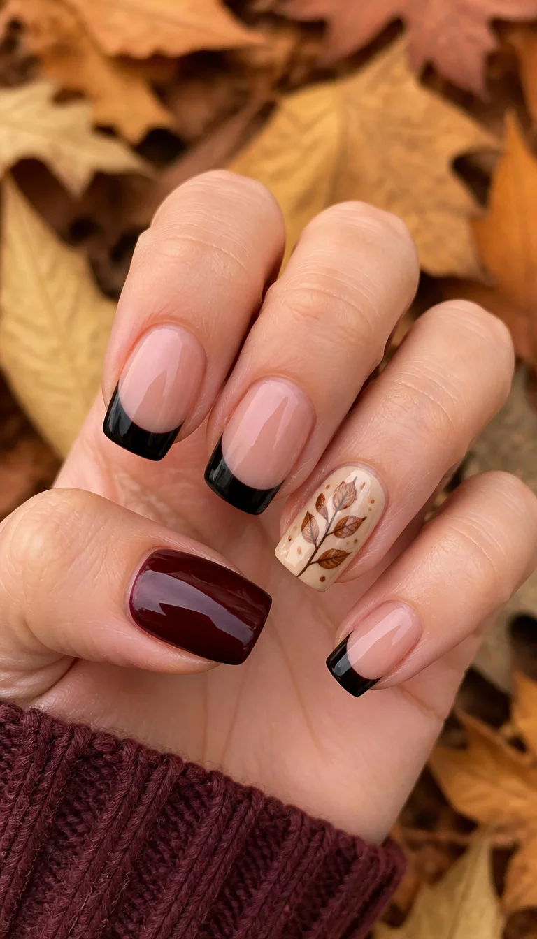 close-up shot of a woman’s hand with five fingers showing French tip nails with black polish and one accent nail with a neutral base and a detailed brown leaf design alongside burgundy and orange polish, fallen leaves background.