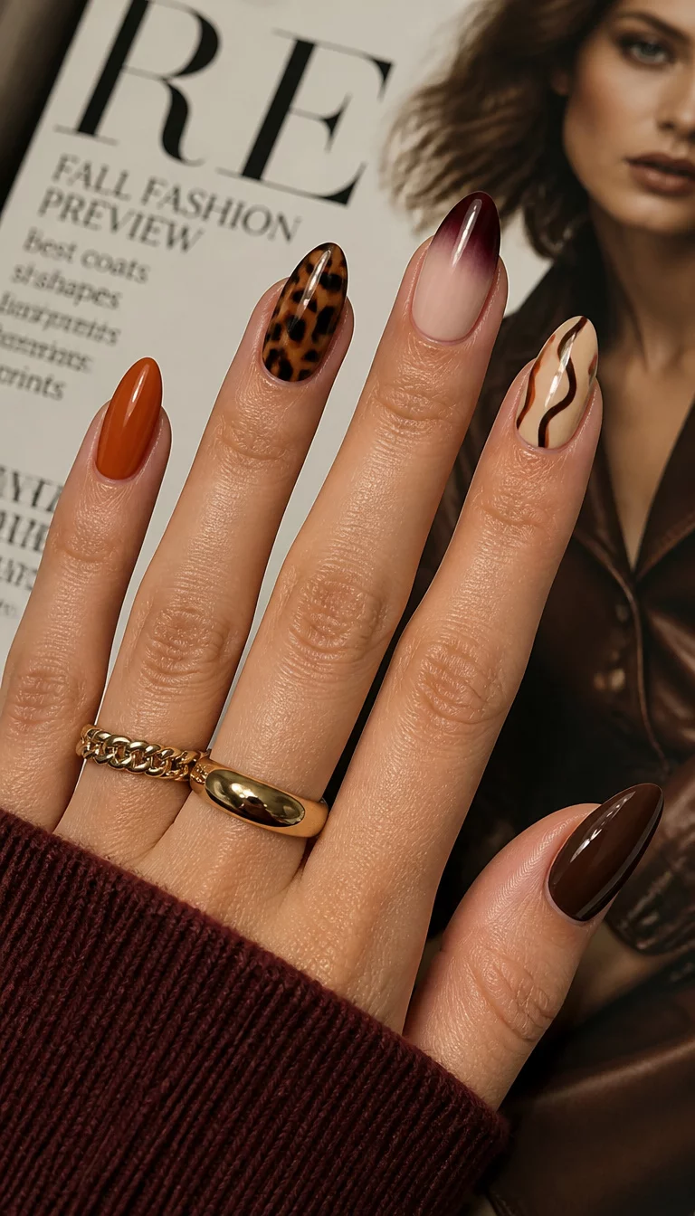 close-up shot of a woman’s hand with five fingers showing various fall nail trends including solid colors, ombre effects, animal prints, and abstract designs, high fashion magazine background.