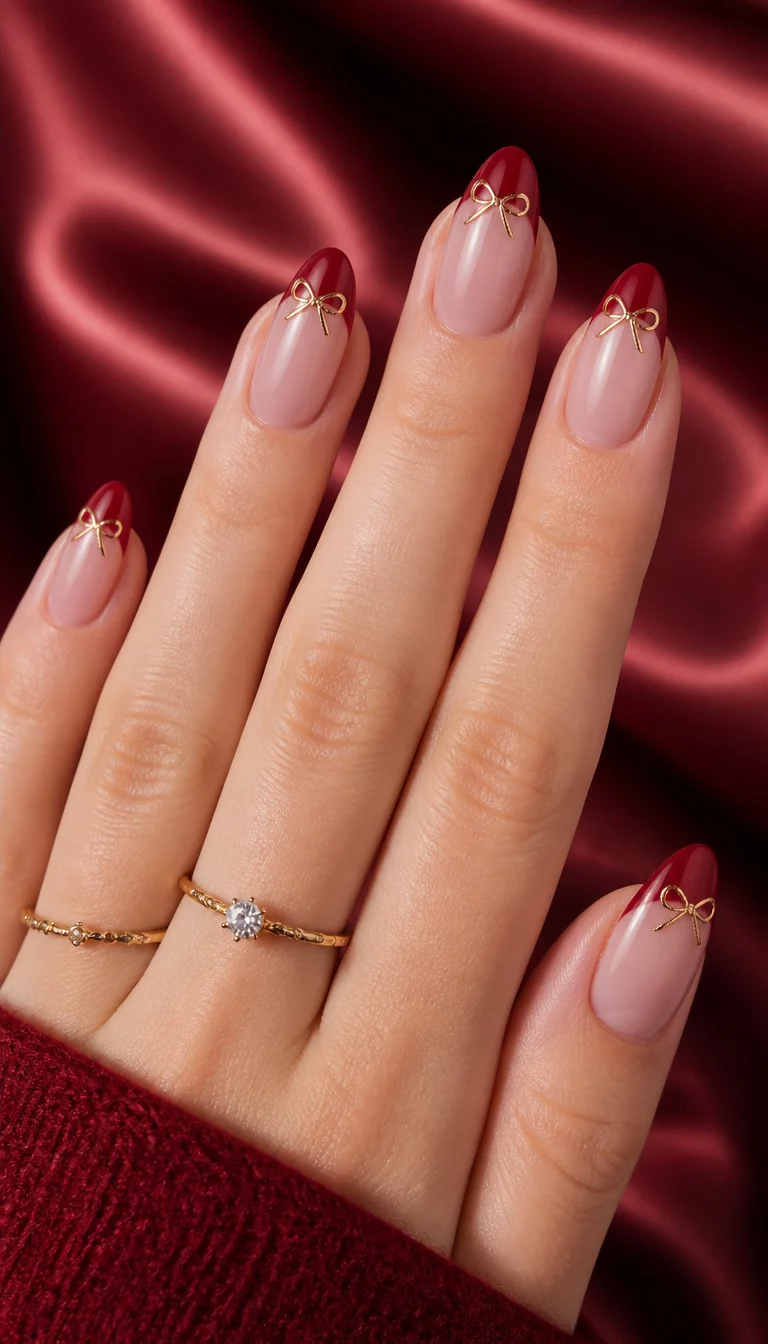close-up shot of a woman’s hand with five fingers showing almond-shaped nails with natural bases and a deep red French tip accented by a small gold bow detail, satin ribbon background.