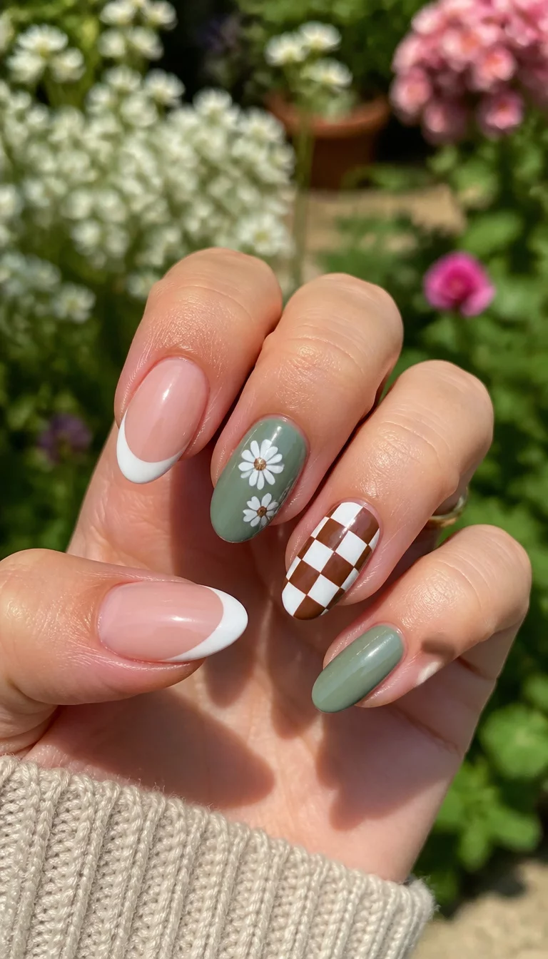 close-up shot of a woman’s hand with five fingers showing almond-shaped nails with a natural French tip and accent nails with a sage green base, white flower designs, and a brown and white checkerboard pattern, garden background.