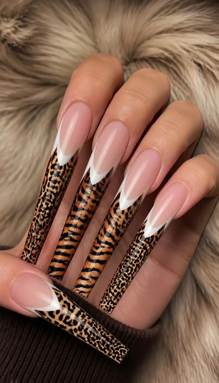 close-up shot of a woman’s hand with five fingers showing extremely long almost square stiletto shape nails with natural French tips and intricate leopard and tiger prints on the lower parts, fur texture background.