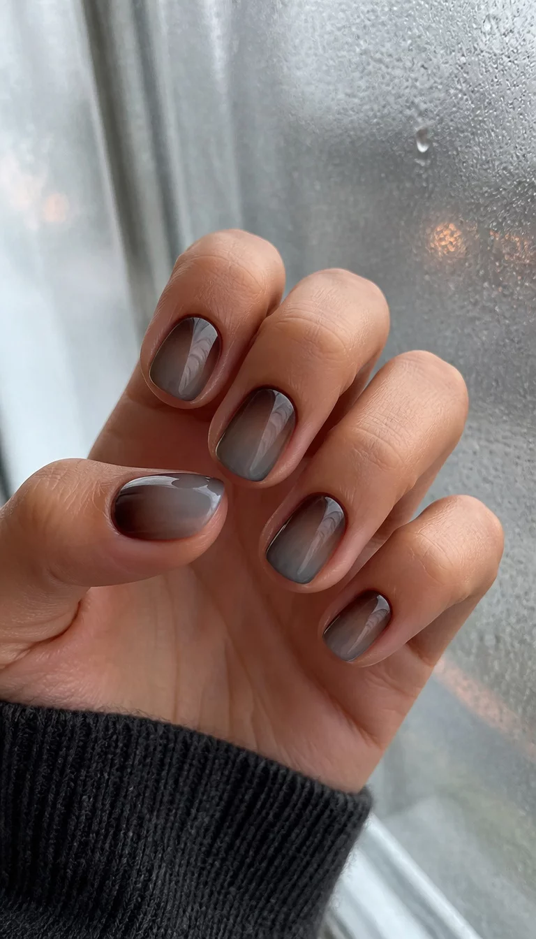close-up shot of a woman’s hand with five fingers showing short and oval nails with a smoky brown and grey ombre effect on a glossy finish, foggy window background.