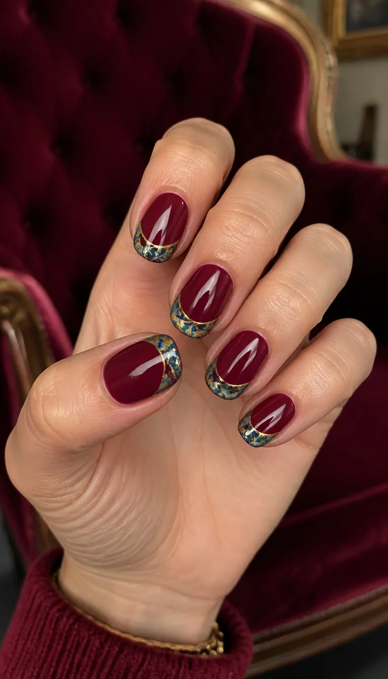 close-up shot of a woman’s hand with five fingers showing short and oval nails with a deep red base, French tips, and a marble effect in blue and gold, velvet armchair background.