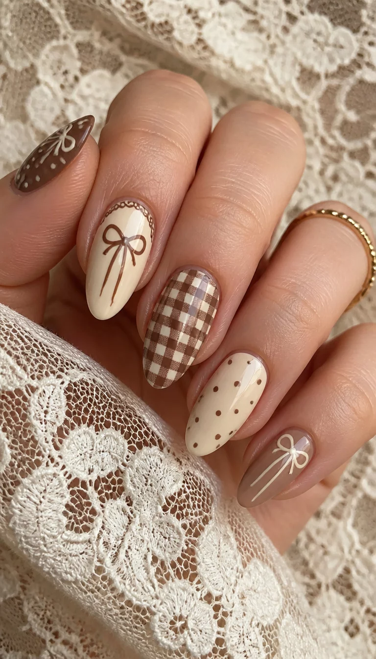 close-up shot of a woman’s hand with five fingers showing almond-shaped nails with a brown and cream color palette featuring bows, polka dots, and checkered patterns, lace background.