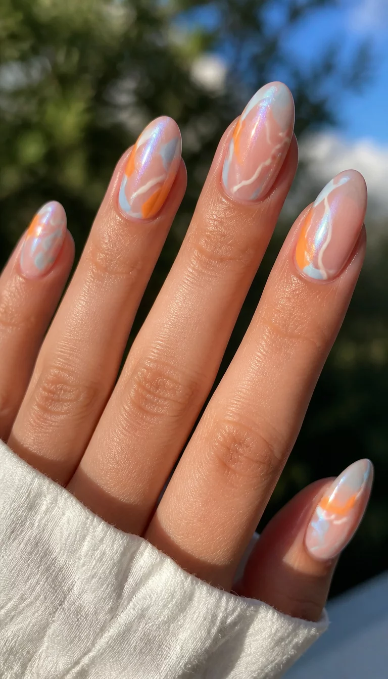 close-up shot of a woman’s hand with five fingers showing medium length and almond-shaped nails featuring a sheer natural base with abstract patterns in orange, white, and light blue, pearlescent sheen, soft focus outdoor background.