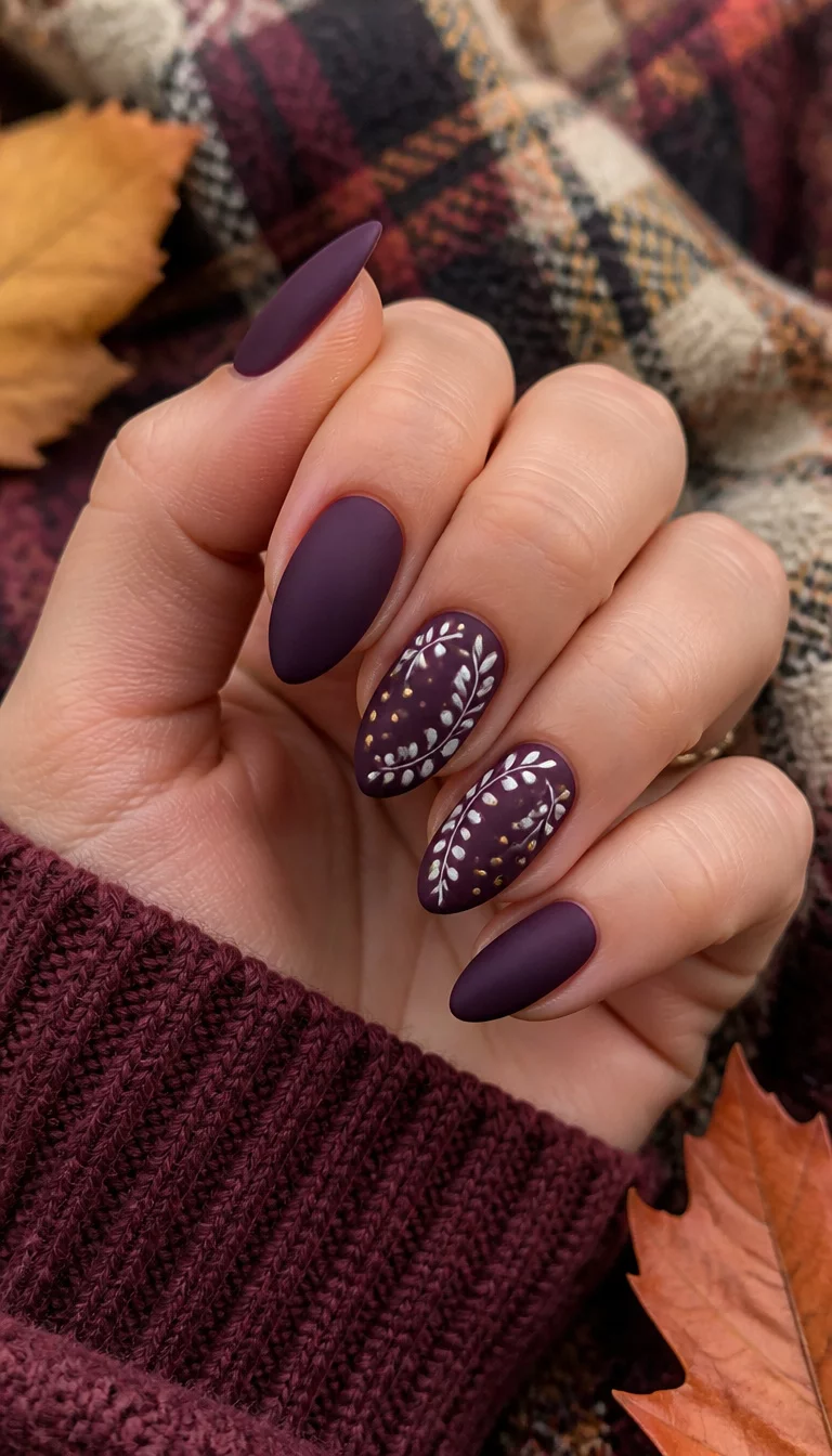 close-up shot of a woman’s hand with five fingers showing medium length, almond-shaped nails painted a matte deep purple with accent nails featuring a white leaf vine pattern and gold dots, cozy plaid blanket and fall leaves background.