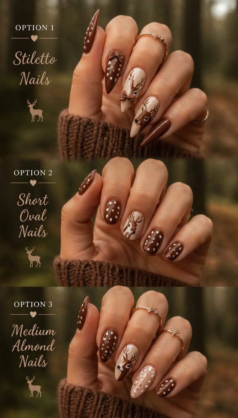 close-up shot of a woman’s hand with five fingers showing a deer-inspired pattern with options including long stiletto nails with bows, short oval nails, and medium almond nails with white spots, forest background.