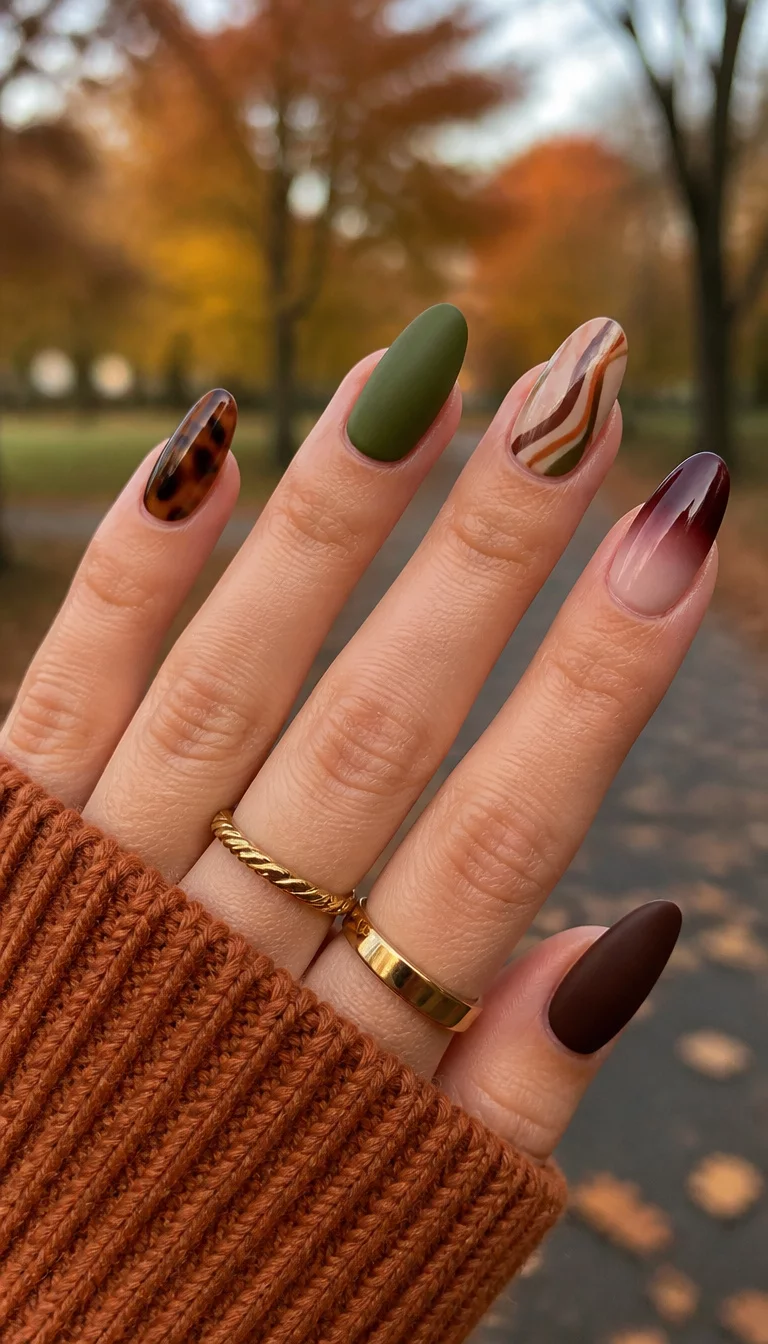 close-up shot of a woman’s hand with five fingers showing various fall nail trends including ombre, animal prints, matte solids, and abstract designs in various lengths, blurred autumn park background.