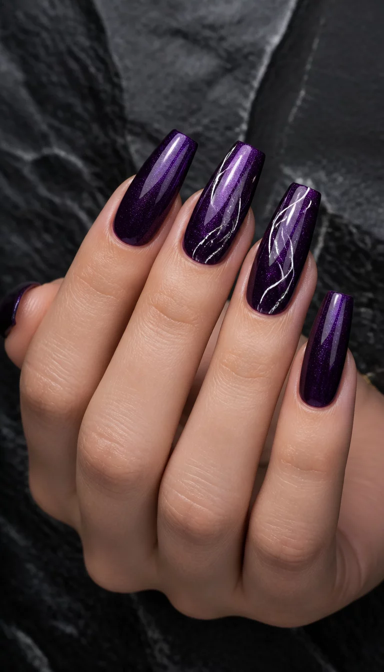 close-up shot of a woman’s hand with five fingers showing long coffin shape nails painted in a dark shimmering purple with two accent nails featuring abstract white line designs, dark stone background.